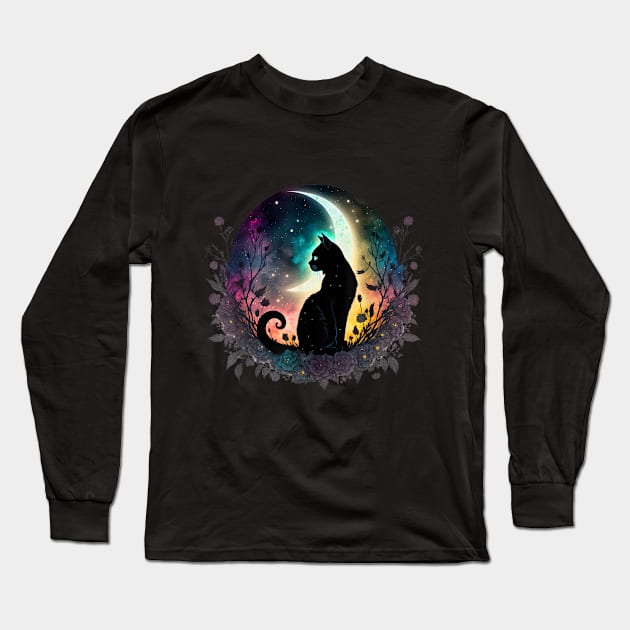 Midnight's Shadow at Noon: The Tale of a Black Cat Long Sleeve T-Shirt by luxury artista